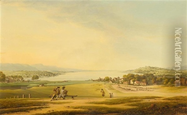 View Of Lake Geneva Eaux Vives Et Cologny Vus Des Tranchees, A Gauche La Porte De Rive Et La Tour Maitresse Oil Painting - Simon Malgo