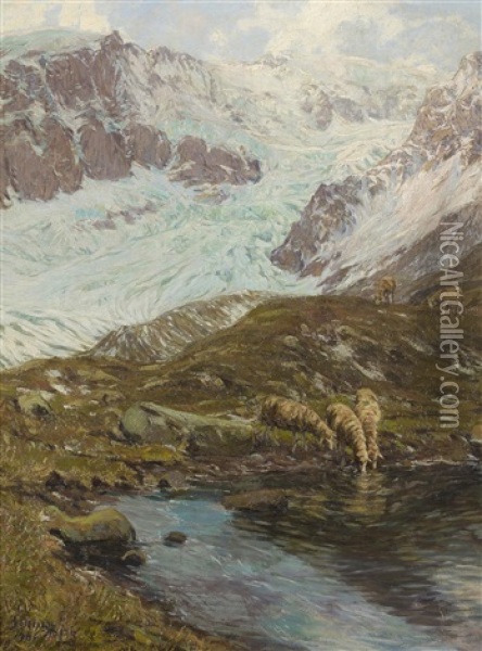 Weidende Schafe Unterhalb Des Segnasgletschers Oil Painting - Alexander Jules Von Soldenhoff