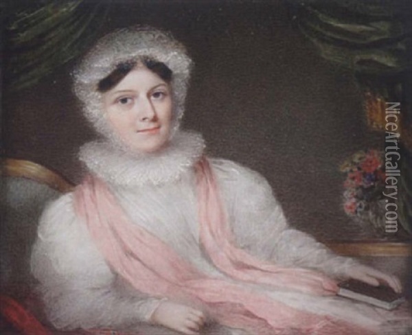 A Lady Reclining On A Chaise-longue, Wearing White Dress, Lace Cap And Ruff, A Pink Shawl , A Book In Her Hand And A Vase Of Flowers Behind Her Oil Painting - James Holmes