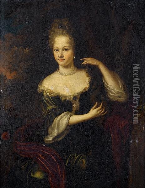 Portrait Of A Lady, Three-quarter-length, In Agreen Dress With A Red Silk Wrap, Seated Before A Landscape Oil Painting - Aleijda Wolfsen