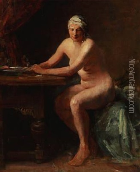 A Female Nude At A Table Oil Painting - Herman Albert Gude Vedel