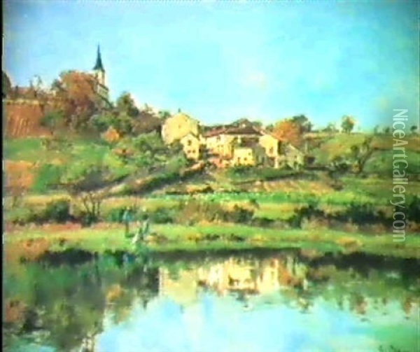Village Au Bord De La Riviere Oil Painting - Edmond Marie Petitjean