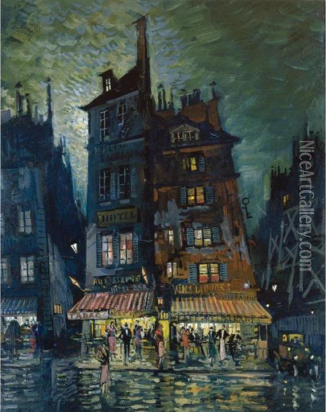 Street In Monmartre At Night Oil Painting - Konstantin Alexeievitch Korovin