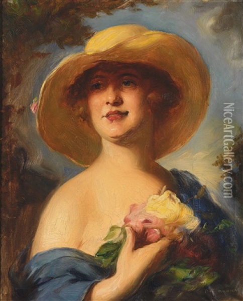Portrait Einer Jungen Frau Mit Bluten Und Gelbem Hut Vor Landschaftshintergrund Oil Painting - Mozart Rottmann