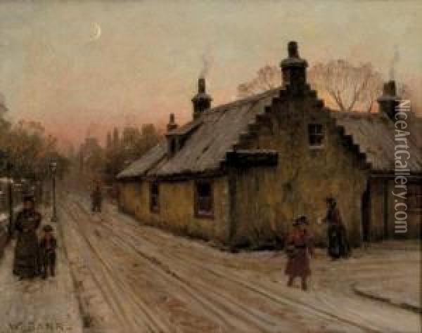 Moonlit Street Scene, Winter Oil Painting - William Barr