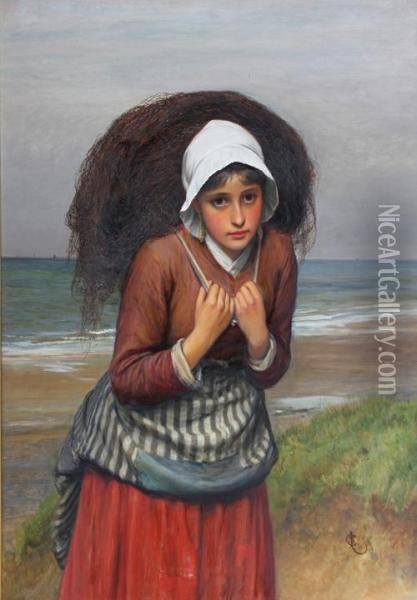 Young Fishergirl Carrying A Net Oil Painting - Charles Sillem Lidderdale