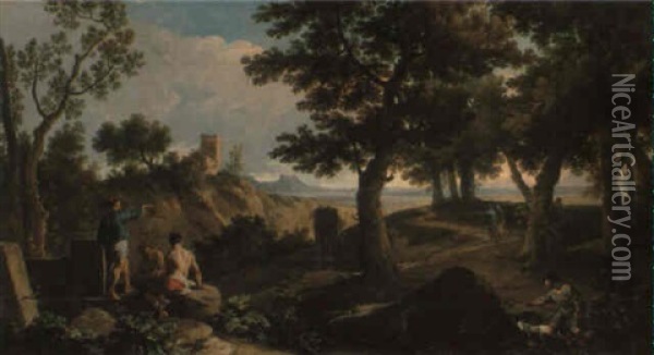 An Extensive Classical Landscape With Figures Among Ruins Oil Painting - Andrea Locatelli