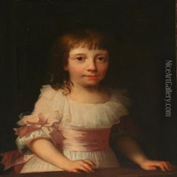 Children's Portrait Of Christiane Lemming In A White Dresswith Pink Ribbons Oil Painting - Jens Juel