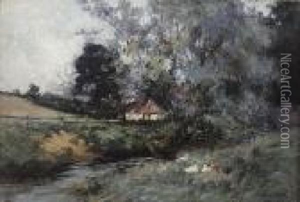 Paysage En Bleu (country Landscape With Ducks And Cottage) Oil Painting - Johan Barthold Jongkind