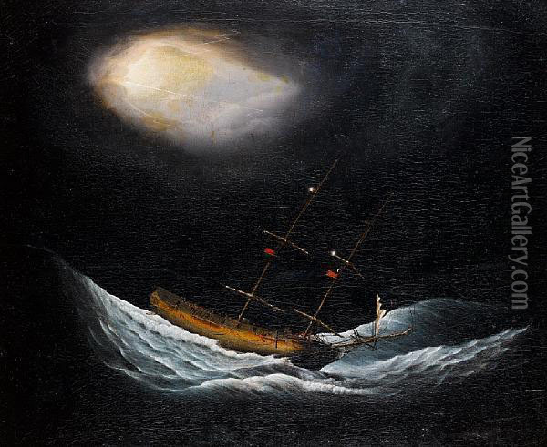A Partially Dismasted Merchantman Trying To Make Headway In Mountainous Seas Oil Painting - J Pringle