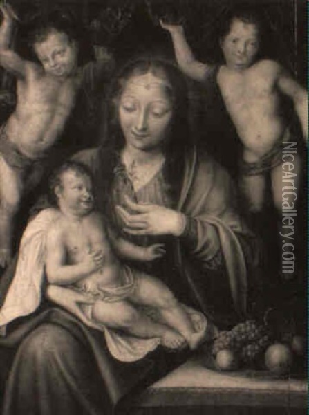 La Vierge A L'enfant Entouree De Deux Anges Oil Painting - Jan Massys