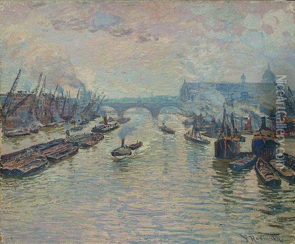 Busy Wharves On The Thames Oil Painting - Vaclav Radimsky