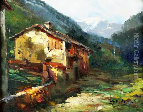 Paesaggio Con Casolare E Fiume Oil Painting - Giuseppe Solenghi