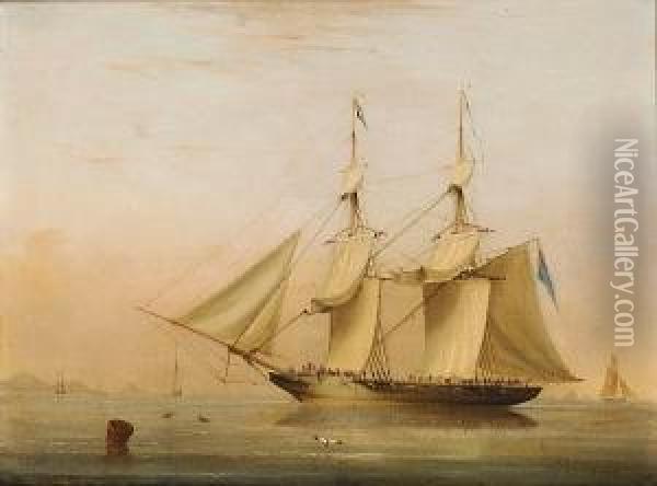 A 16-gun Royal Navy Brig Anchored Offshore Drying Her Sails Oil Painting - Condy, Nicholas Matthews