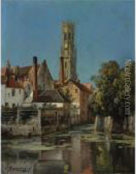 View Of A Moated Town Oil Painting - Charles Euphrasie Kuwasseg
