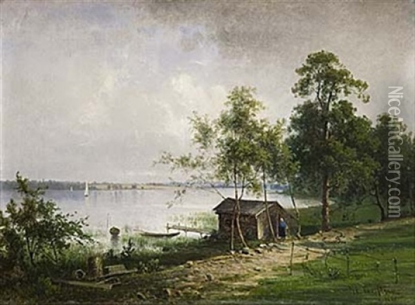Insjolandskap Med Kvinna Vid Stuga Oil Painting - Harald (Sten H.) Torsslow