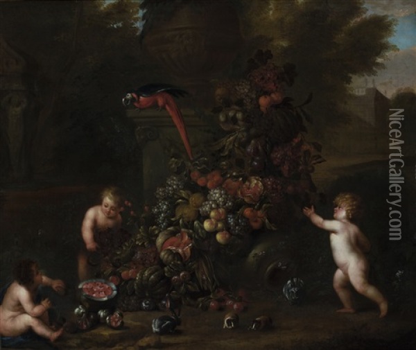 Putti Decorating A Classical Garden Ornament With A Festoon Of Flowers In A Landscape Oil Painting - Jan Pauwel Gillemans the Younger