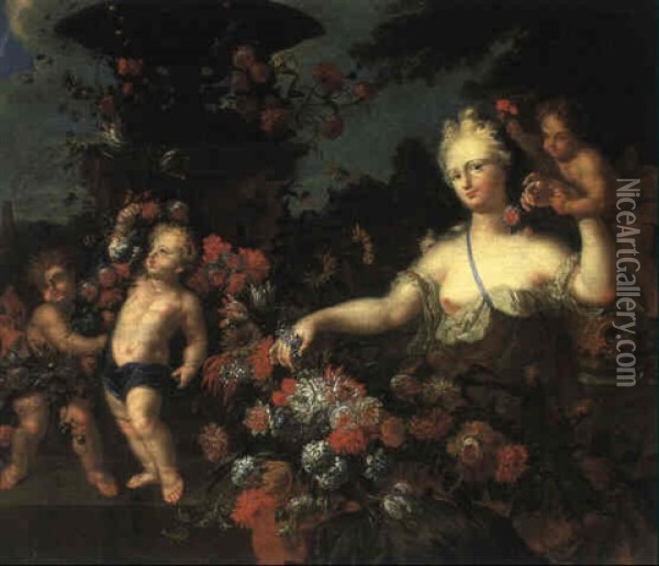 Flora Mit Putten Und Blumengirlande, In Einem Schlosspark Oil Painting - Jan-Baptiste Bosschaert