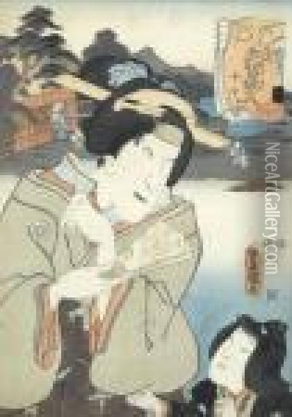 Kabuki-schauspieler Mit Landschaftspartie Im Hintergrund Oil Painting - Kunisada