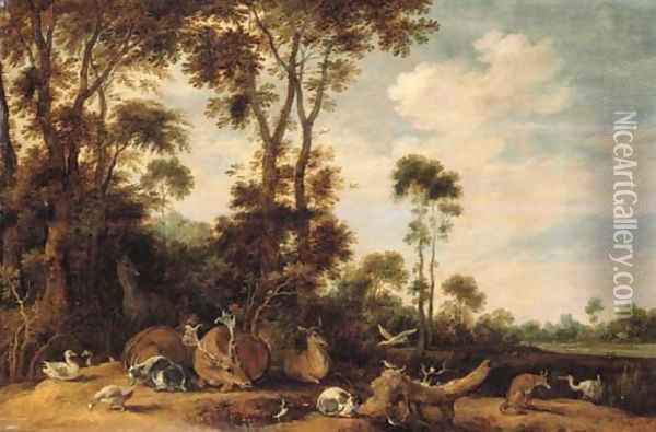 Deer, a goat, a cat, a fox and birds in a wooded landscape Oil Painting - Gillis Claesz. De Hondecoeter