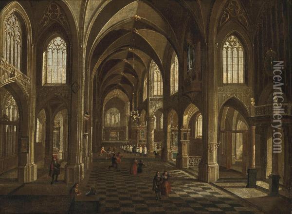The Interior Of A Cathedral With Elegant Figures, A Procession Beyond Oil Painting - Pieter Ii Neefs