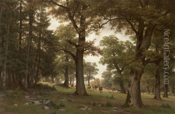 Cattle In A Parkland Oil Painting - Fritz Carl Werner Ebel