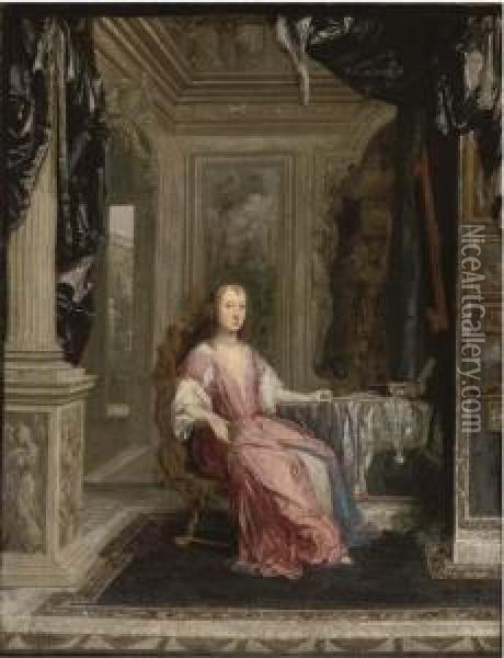Portrait Of A Lady, Seated 
Full-length, In An Interior, Holding Astring Of Pearls In Her Right Hand Oil Painting - Constantin Netscher