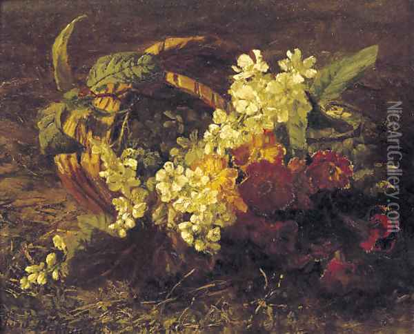 Cherryblossem and primroses in a basket Oil Painting - Geraldine Jacoba Van De Sande Bakhuyzen