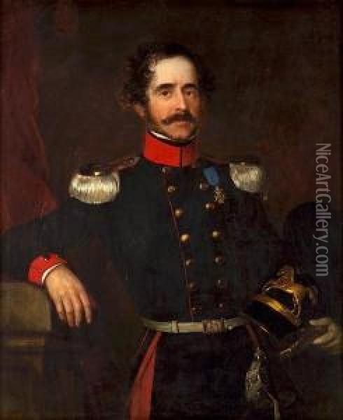 A Portrait Of A Hanoverian Officer, Three-quarter Length, Holding His Helmet Oil Painting - James Butler Brenan