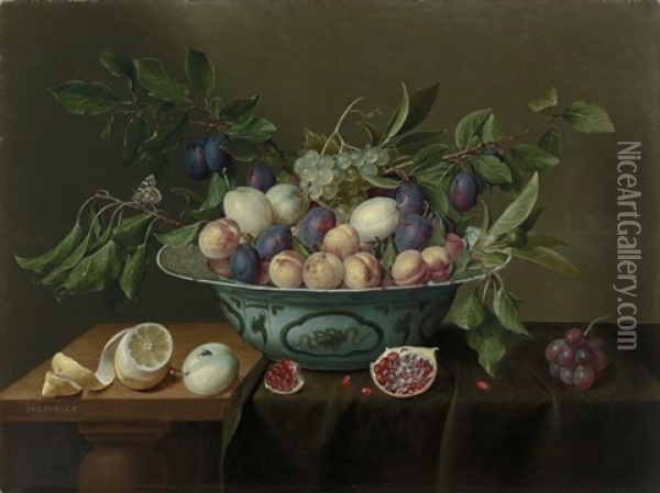Abricots, Prunes Et Raisins Dans Une Coupe En Porcelaine Bleue De Chine Oil Painting - Jacob van Hulsdonck
