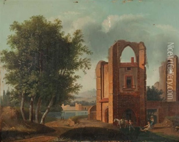 Habitations Dans Une Ruine Gothique Pres D'une Riviere Oil Painting - Jean-Louis Demarne
