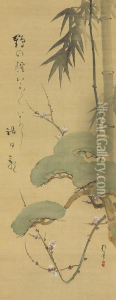 Pine, Bamboo And Plum Oil Painting - Sakai Hoitsu