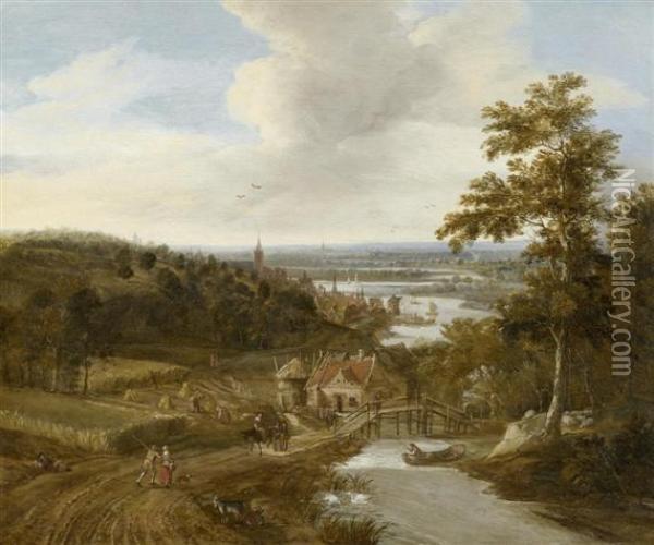 River Landscape With Peasants And Travellers Oil Painting - Gerrit Van Battem