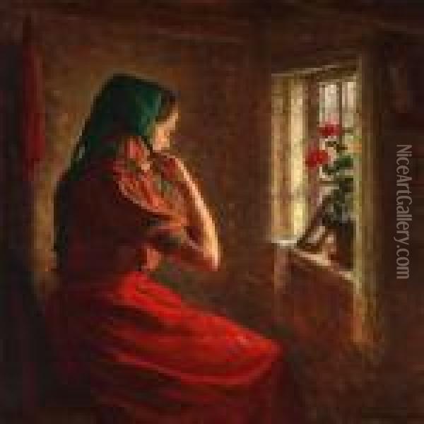A Girl Who Ties Her Bonnet In The Window Light, Presumably On Zealand Oil Painting - Valdemar Magaard