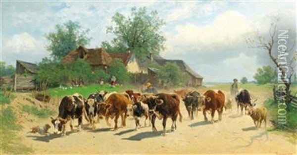 Cows On The Village Road Oil Painting - Gustav Ranzoni