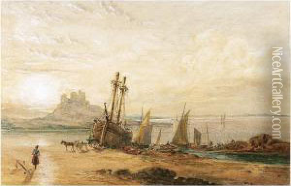 Unloading Boats On The Beach Near Holy Island Oil Painting - Thomas Miles Richardson
