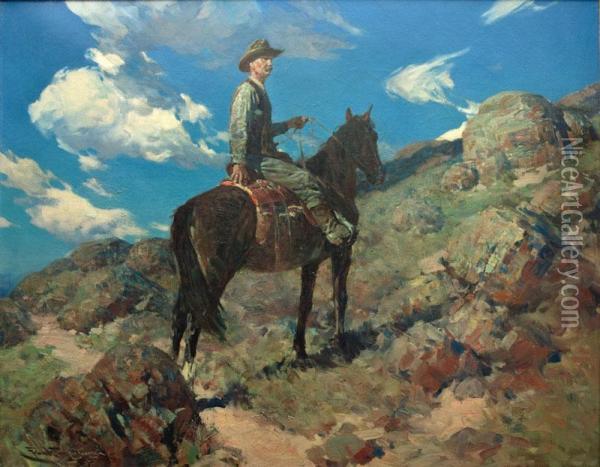 Range Boss Joe Ericson At The Swensonland And Cattle Co., Inc. Oil Painting - Frank Tenney Johnson