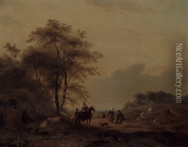 A Summer Landscape With Travellers On A Sandy Track Oil Painting - Jan Willem Van Borselen