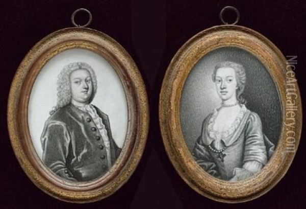 Lord Foley Wearing A Coat With Cuffs, Frilled Shirt And Stock, His Curled Wig Terminating In A Pigtail (+ Lady Foley Wearing A Robe Over White Dress With Lace Trim, Pearls At Her Neck; Pair) Oil Painting - James Ferguson