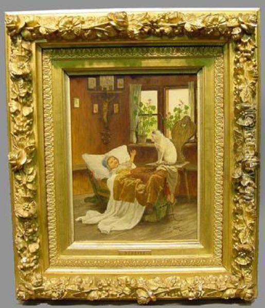 Cat And Cradle Oil Painting - Franciszek Streitt
