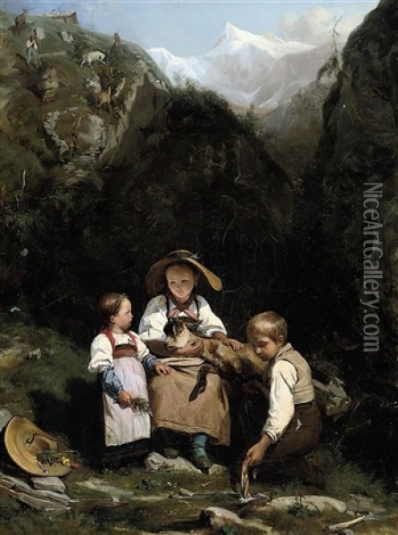 Three Young Children In An Alpine Landscape Nursing An Injured Goat Oil Painting - Edouard-Henri Girardet
