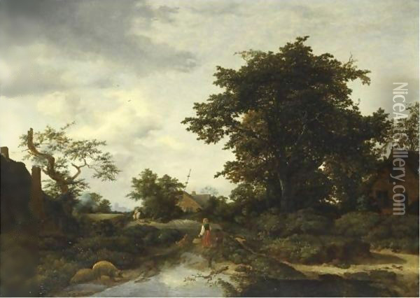 Wooded Landscape With A Woman By A River Oil Painting - Gerrit van Hees