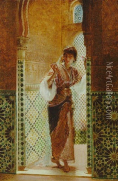 An Arab Woman By The Doorway Oil Painting - Edouard Frederic Wilhelm Richter