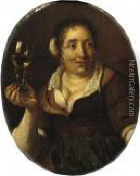 A Peasant Woman Holding A Glass Of Wine Oil Painting - Arie de Vois