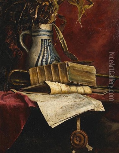 A Still Life With Books, Manuscripts, A Trombone And A Vase Oil Painting - John Bond Francisco