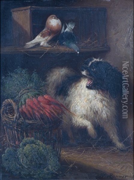Dog Barking Against Two Doves Oil Painting - Henriette Ronner-Knip