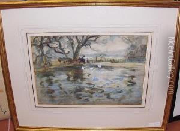 Landscape With Pond Oil Painting - Thomas William Morley