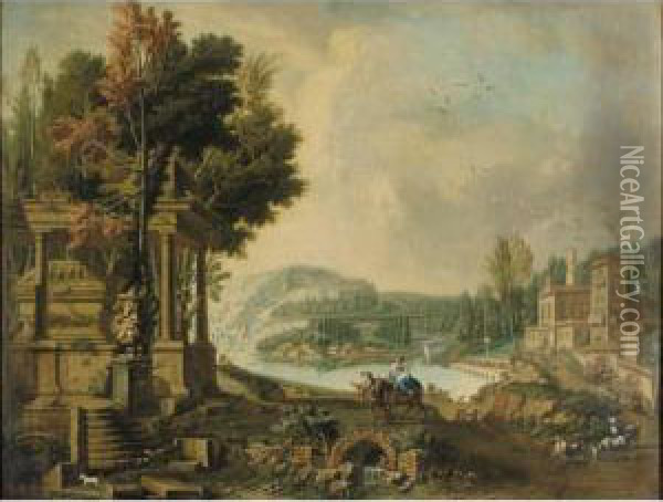 An Italianate River Lanscape With The Flight Into Egypt Oil Painting - Giovanni Battista