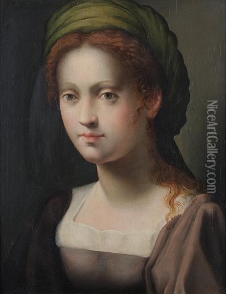 Portrait Of A Young Lady, Bust-length, In A Grey Dress And A Green Turban Oil Painting - Domenico Puligo