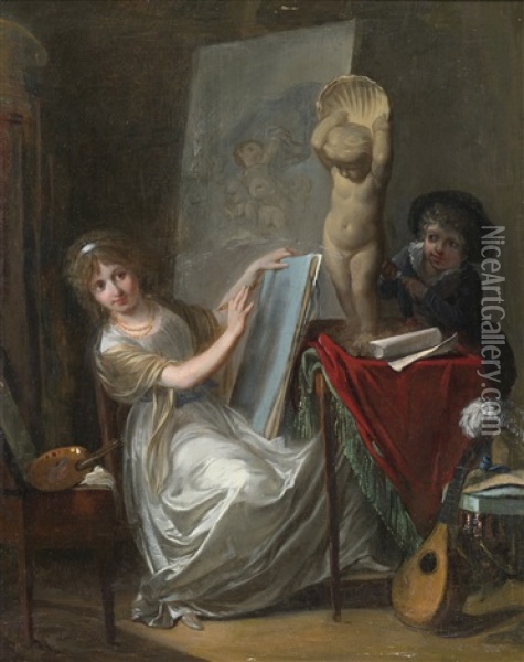 A Studio Interior With A Young Woman Painting Oil Painting - Jean-Baptiste Mallet